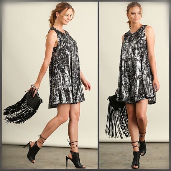 Chic Black Umgee Midi Swing Dress with Metallic Silver Print - Picture 1 of 8
